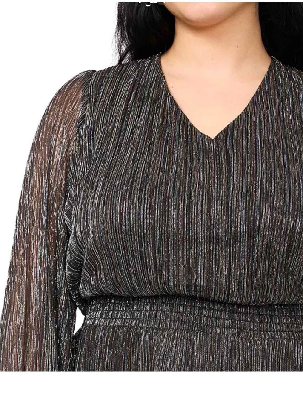 Plus Size Metallic Black V-Neck Long Sleeve Dress